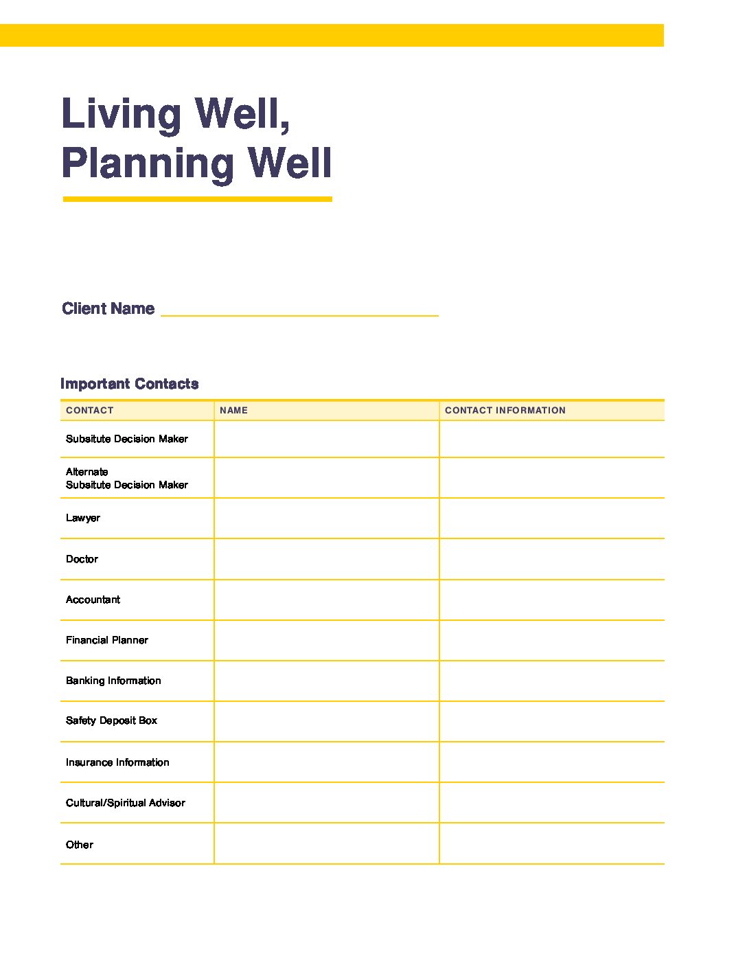 Living Well, Planning Well - Fillable Sheet